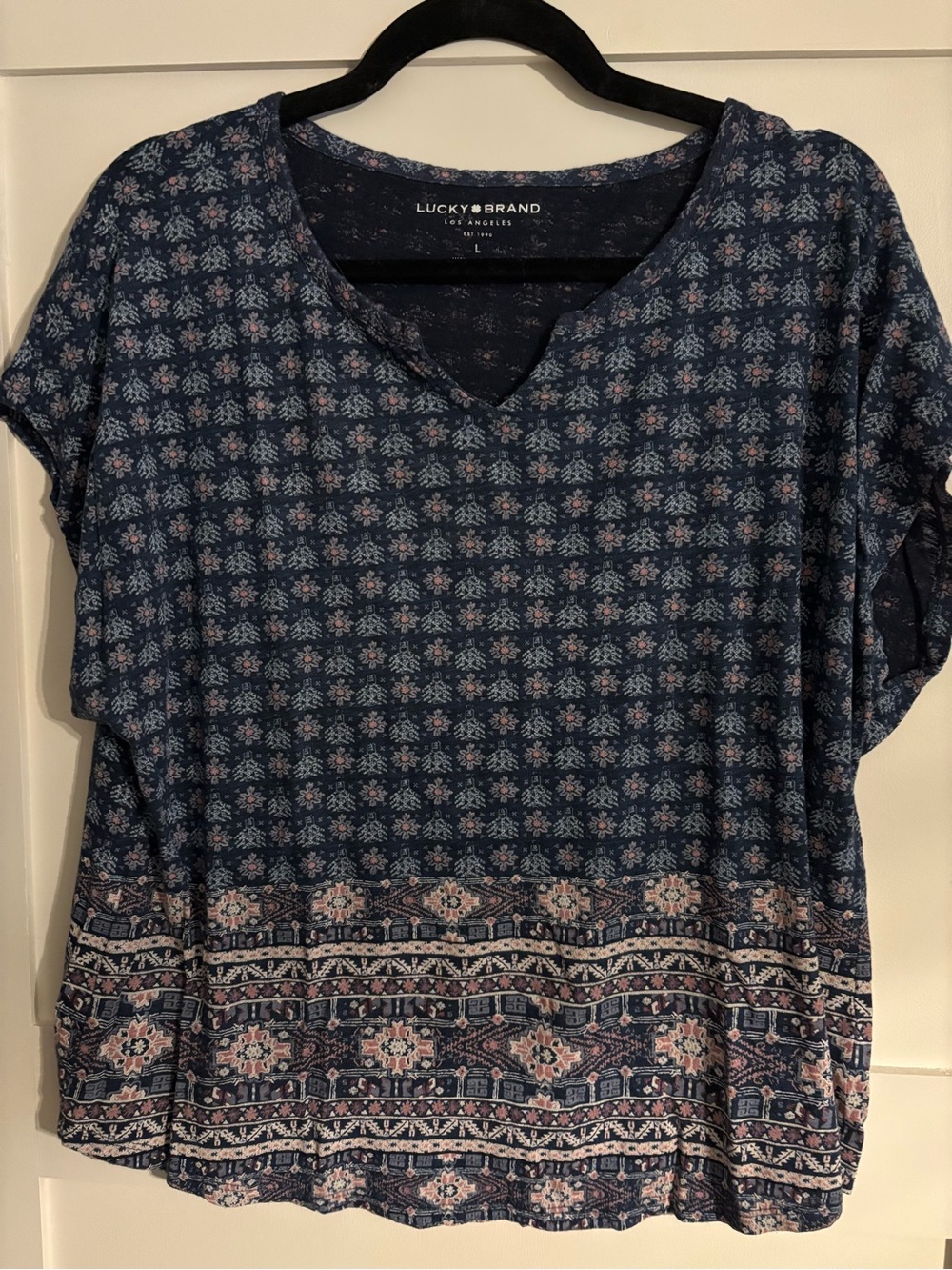 Lucky Brand Navy and Pink Floral Border V-Neck Tee
